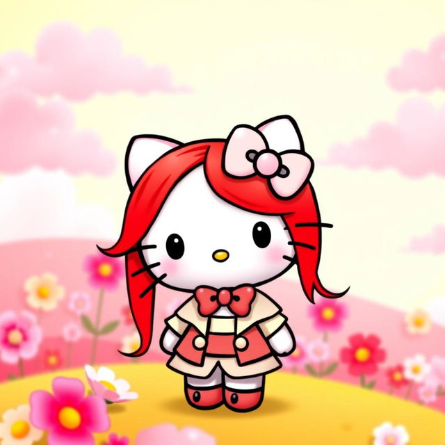 A cute and whimsical Hello Kitty character with bright red hair, wearing a stylish outfit