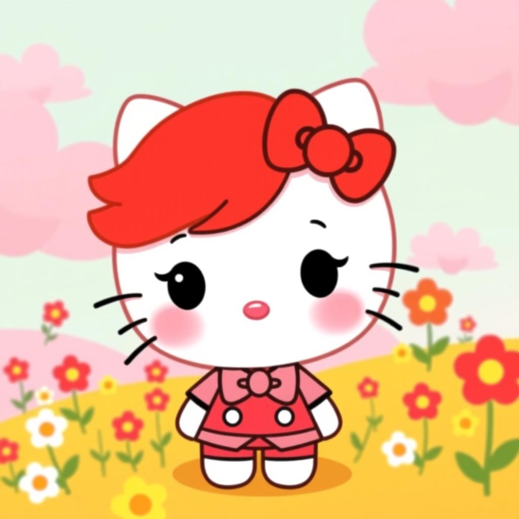 A cute and whimsical Hello Kitty character with bright red hair, wearing a stylish outfit