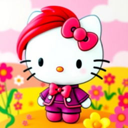 A cute and whimsical Hello Kitty character with bright red hair, wearing a stylish outfit