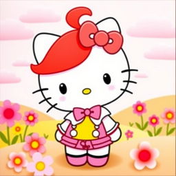 A cute and whimsical Hello Kitty character with bright red hair, wearing a stylish outfit