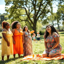 A joyful scene featuring a group of plus-size moms laughing together in a sunny park setting