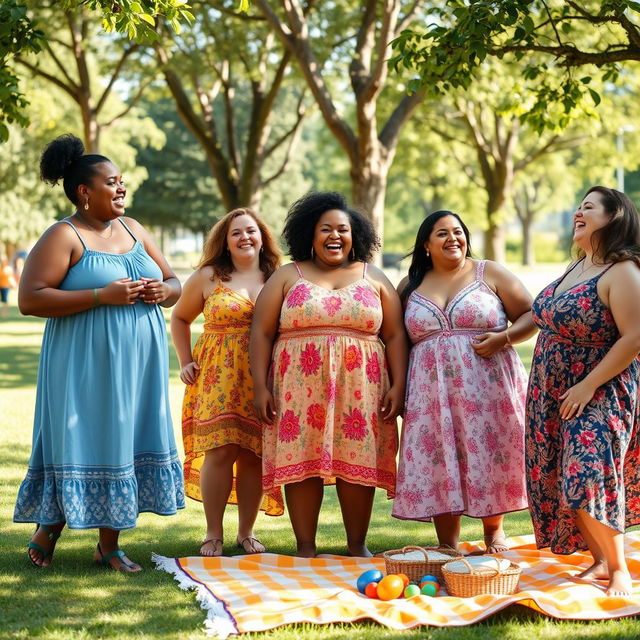 A joyful scene featuring a group of plus-size moms laughing together in a sunny park setting