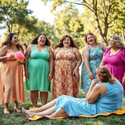 A joyful scene featuring a group of plus-size moms laughing together in a sunny park setting