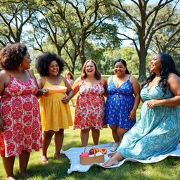A joyful scene featuring a group of plus-size moms laughing together in a sunny park setting