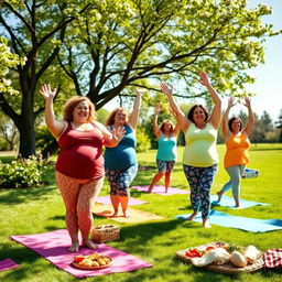 A cheerful scene featuring a group of chubby moms engaging in yoga, smiling and enjoying their session in a bright, sunny park