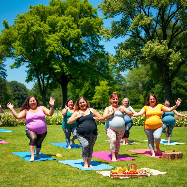 A cheerful scene featuring a group of chubby moms engaging in yoga, smiling and enjoying their session in a bright, sunny park