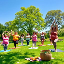 A cheerful scene featuring a group of chubby moms engaging in yoga, smiling and enjoying their session in a bright, sunny park