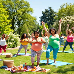A cheerful scene featuring a group of chubby moms engaging in yoga, smiling and enjoying their session in a bright, sunny park