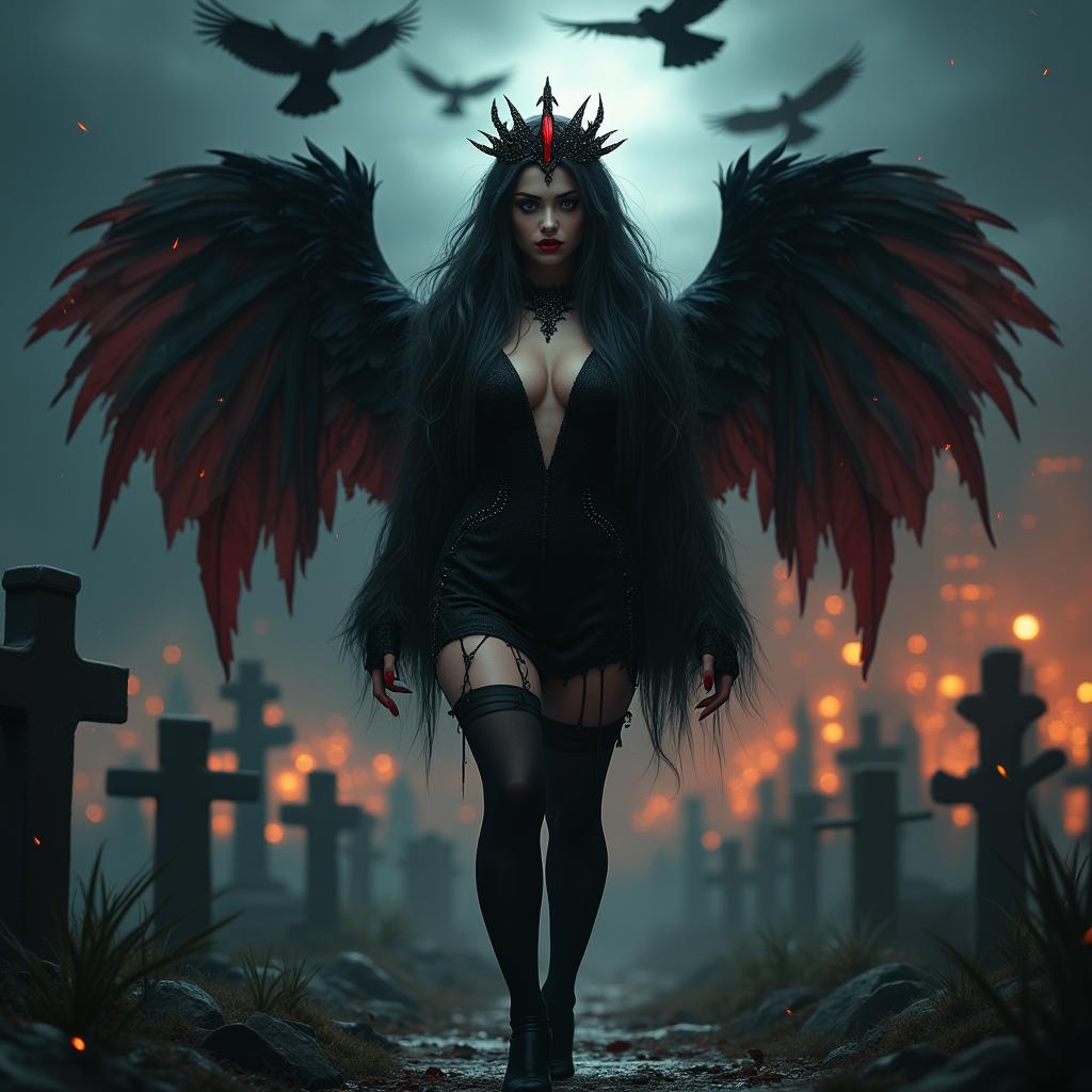 A stunning, beautiful, curvy young woman with extraordinarily long black, red, and silver hair, exuding an innocent yet sexy allure, walks through an eerie graveyard at night amid a thunderstorm