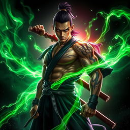 A powerful warrior resembling Toji Fushiguro from Jujutsu Kaisen, standing confidently amidst a bright, glowing aura of green and black energy