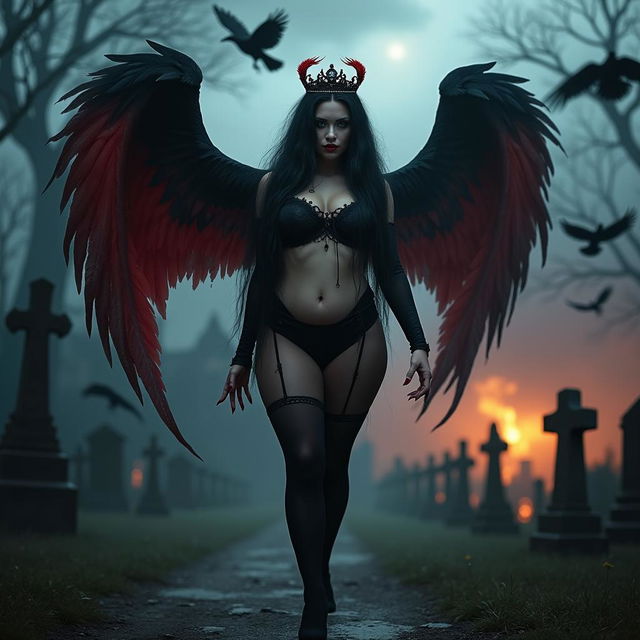 A breathtaking and beautiful curvy young woman with very long black, red, and silver hair possesses a sweet, soft face adorned with dark gothic makeup