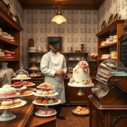 A charming 19th-century pastry chef's shop, showcasing a delightful array of artisan pastries and desserts