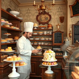 A charming 19th-century pastry chef's shop, showcasing a delightful array of artisan pastries and desserts