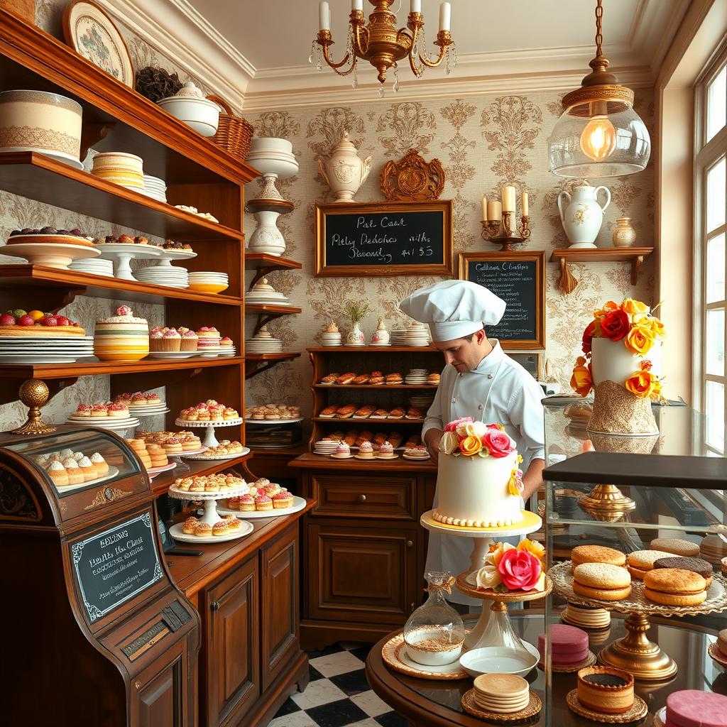 A charming 19th-century pastry chef's shop, showcasing a delightful array of artisan pastries and desserts