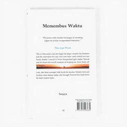 A back cover design for the A5 size book titled 'Menembus Waktu' by the author Sanjaya