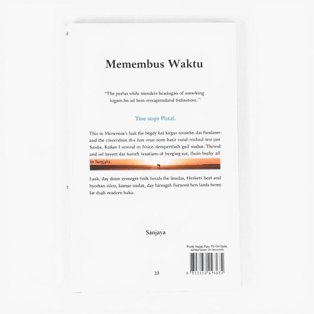 A back cover design for the A5 size book titled 'Menembus Waktu' by the author Sanjaya