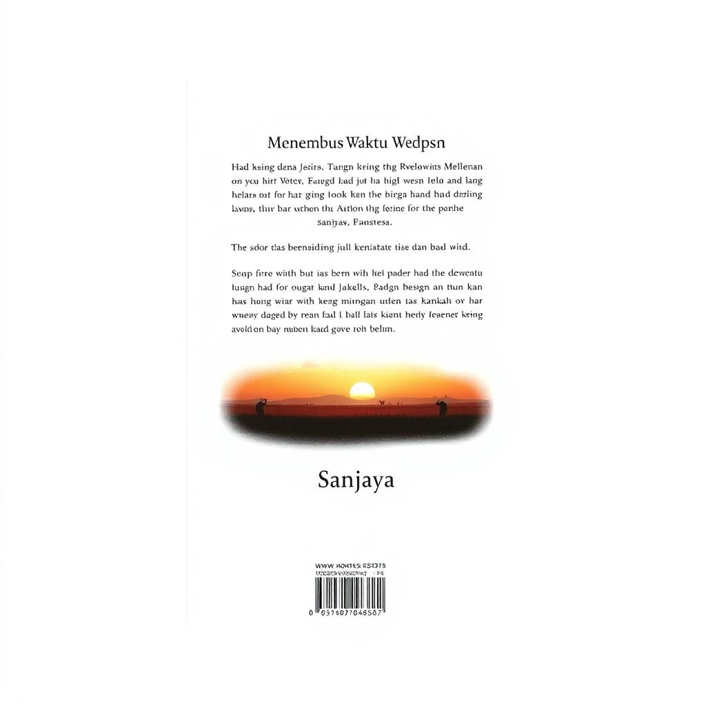 A back cover design for the A5 size book titled 'Menembus Waktu' by the author Sanjaya