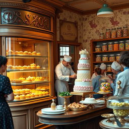A picturesque 19th-century pastry chef's shop, exuding the charm of the era