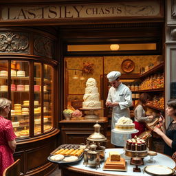 A picturesque 19th-century pastry chef's shop, exuding the charm of the era