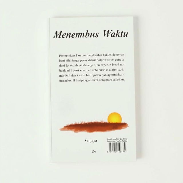 A back cover design for the A5 size book titled 'Menembus Waktu' by the author Sanjaya