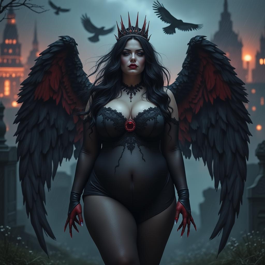 A captivating and beautiful curvy girl with very long black, red, and silver hair and a sweet, soft face, adorned with dark gothic makeup