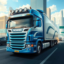 A detailed illustration of a Scania P360 truck in action on a busy highway