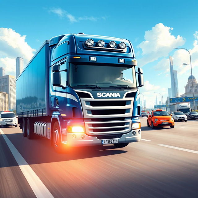 A detailed illustration of a Scania P360 truck in action on a busy highway