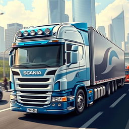 A detailed illustration of a Scania P360 truck in action on a busy highway