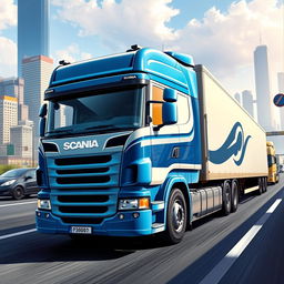 A detailed illustration of a Scania P360 truck in action on a busy highway
