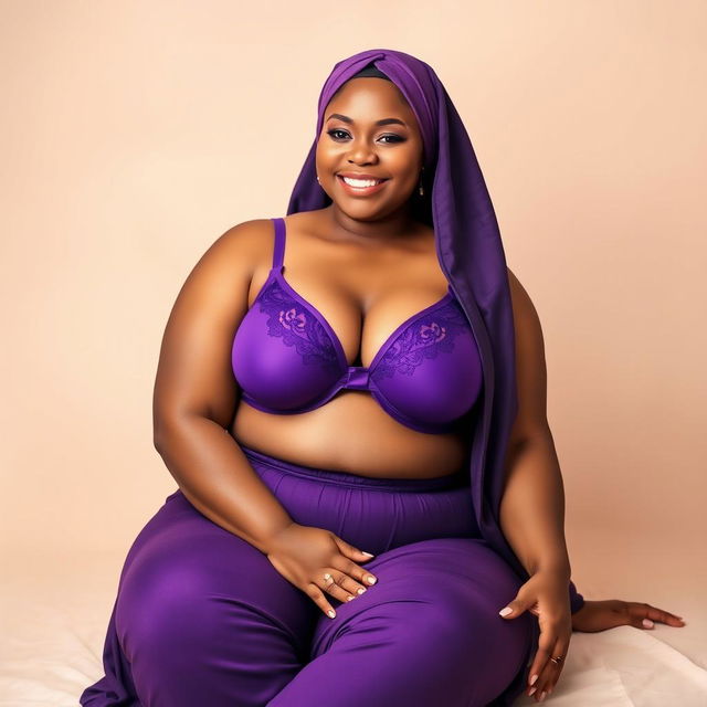 A beautiful chubby woman wearing a stylish hijab, with a vibrant purple bra and matching purple panties