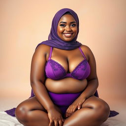 A beautiful chubby woman wearing a stylish hijab, with a vibrant purple bra and matching purple panties