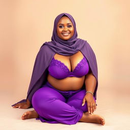 A beautiful chubby woman wearing a stylish hijab, with a vibrant purple bra and matching purple panties