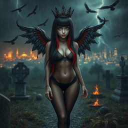 A visually captivating and beautiful girl with very long black, red, and silver hair, characterized by a sweet, soft face adorned with dark gothic makeup