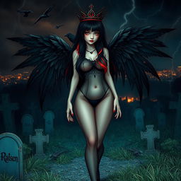 A visually captivating and beautiful girl with very long black, red, and silver hair, characterized by a sweet, soft face adorned with dark gothic makeup