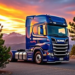 A sleek and powerful Scania P360 truck parked on a scenic overlook, displaying its glossy blue exterior and modern design features