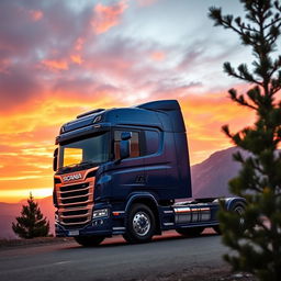 A sleek and powerful Scania P360 truck parked on a scenic overlook, displaying its glossy blue exterior and modern design features