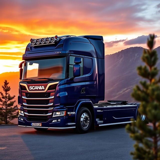 A sleek and powerful Scania P360 truck parked on a scenic overlook, displaying its glossy blue exterior and modern design features