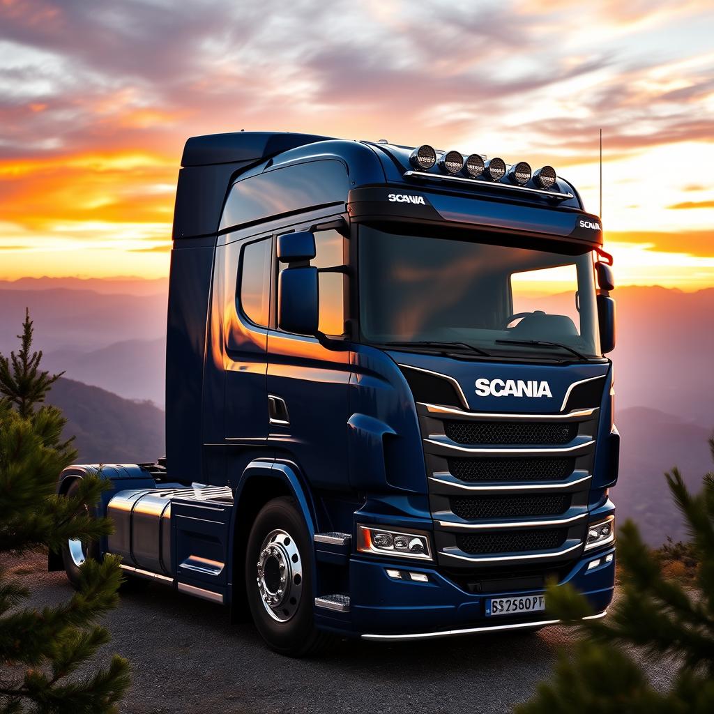 A sleek and powerful Scania P360 truck parked on a scenic overlook, displaying its glossy blue exterior and modern design features