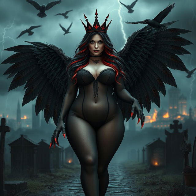 A striking and beautiful curvy girl with very long black, red, and silver hair, showcasing a sweet, soft face adorned with dark gothic makeup