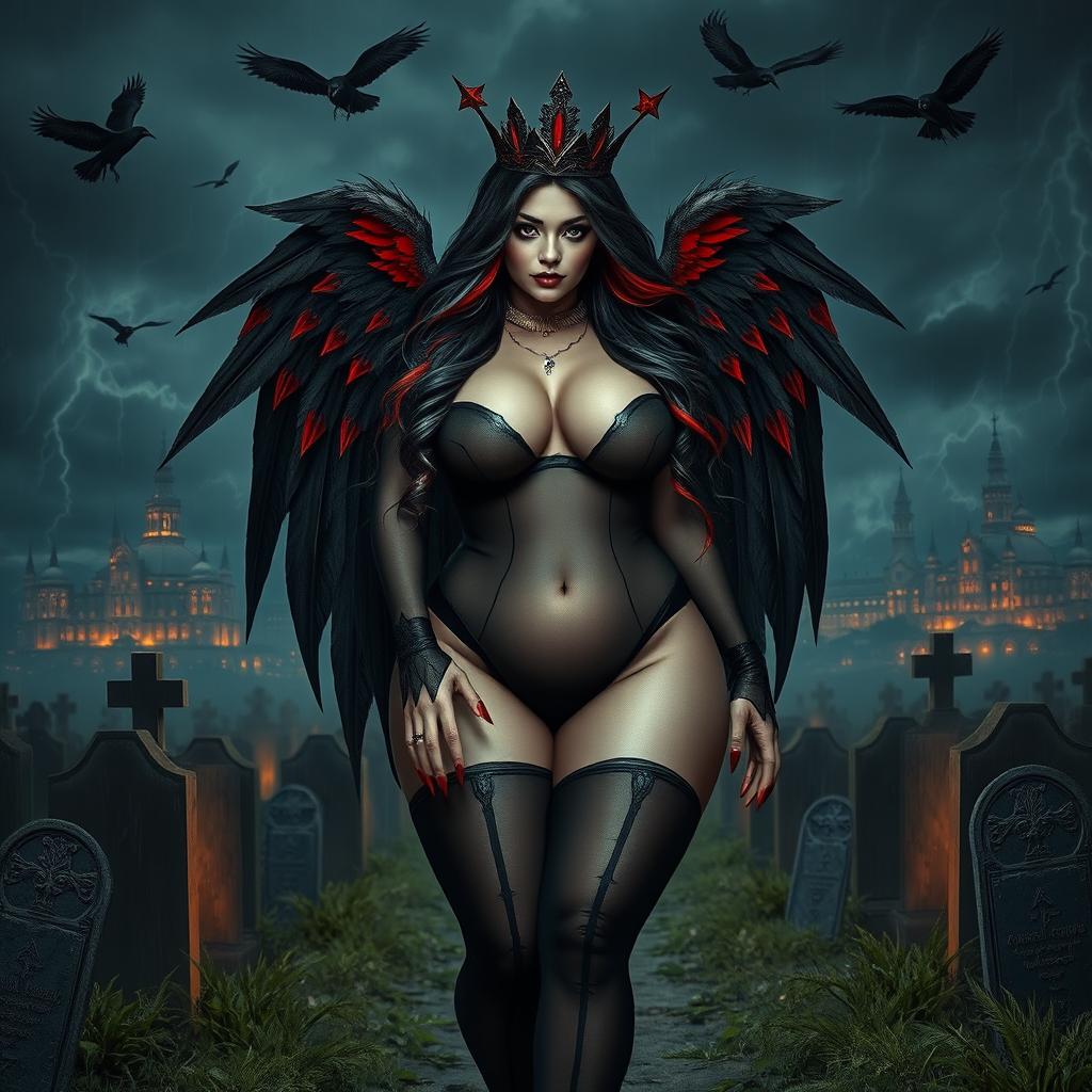 A striking and beautiful curvy girl with very long black, red, and silver hair, showcasing a sweet, soft face adorned with dark gothic makeup