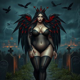 A striking and beautiful curvy girl with very long black, red, and silver hair, showcasing a sweet, soft face adorned with dark gothic makeup