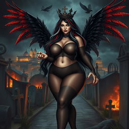 A striking and beautiful curvy girl with very long black, red, and silver hair, showcasing a sweet, soft face adorned with dark gothic makeup