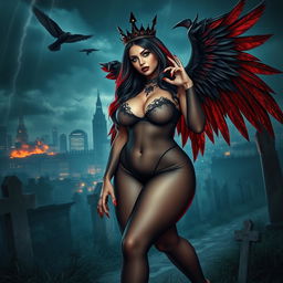 A striking and beautiful curvy girl with very long black, red, and silver hair, showcasing a sweet, soft face adorned with dark gothic makeup