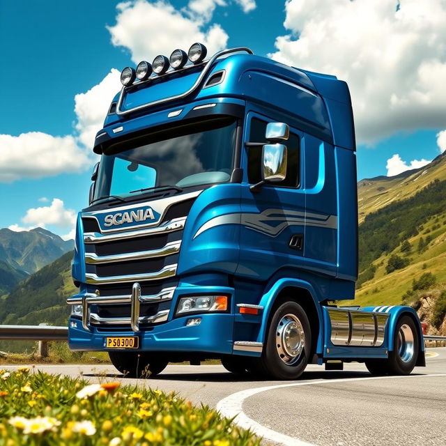 A Scania P360 truck parked on a scenic mountain road, showcasing its powerful and robust design