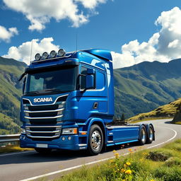 A Scania P360 truck parked on a scenic mountain road, showcasing its powerful and robust design