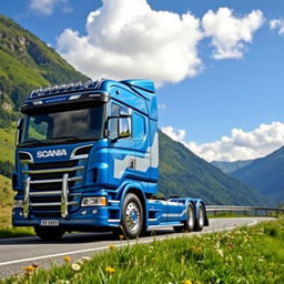 A Scania P360 truck parked on a scenic mountain road, showcasing its powerful and robust design