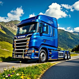 A Scania P360 truck parked on a scenic mountain road, showcasing its powerful and robust design