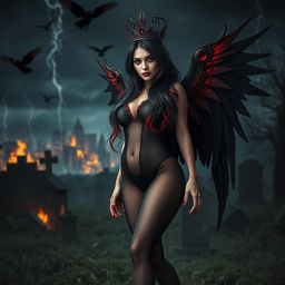 A visually striking and attractive young woman with very long black, red, and silver hair exudes a sweet and soft charm accentuated by her dark gothic makeup