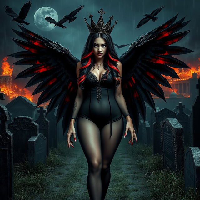 A visually striking and attractive young woman with very long black, red, and silver hair exudes a sweet and soft charm accentuated by her dark gothic makeup