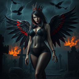 A visually striking and attractive young woman with very long black, red, and silver hair exudes a sweet and soft charm accentuated by her dark gothic makeup